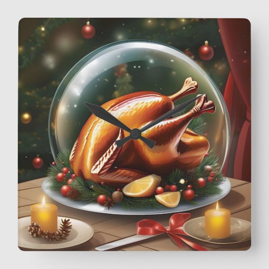 Thanksgiving en Kerstkalkoen onder glaskoepel Vierkante Klok (Voorkant)