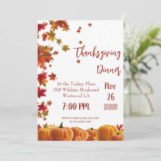 Thanksgiving Fall Leaves Pumpkin Dinner Invitation Kaart (Staand voorkant)