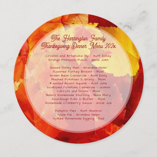 Thanksgiving Familie Diner Rood Bladeren Rond Menu Kaart (Voorkant)