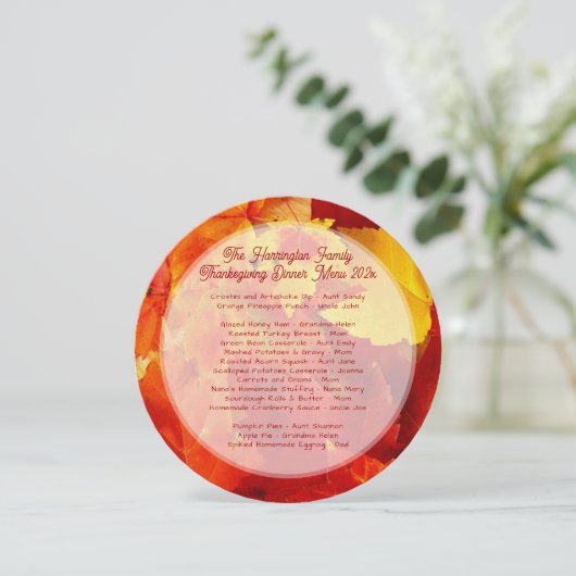 Thanksgiving Familie Diner Rood Bladeren Rond Menu Kaart (Staand voorkant)