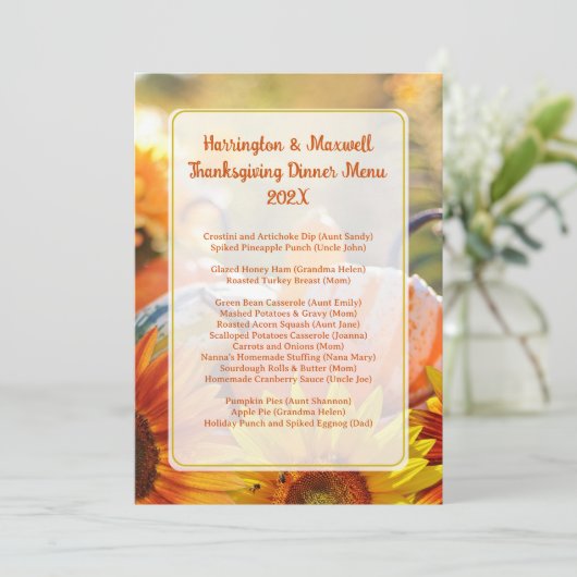 Thanksgiving Familiediner Menu Sjabloon Kaart (Staand voorkant)