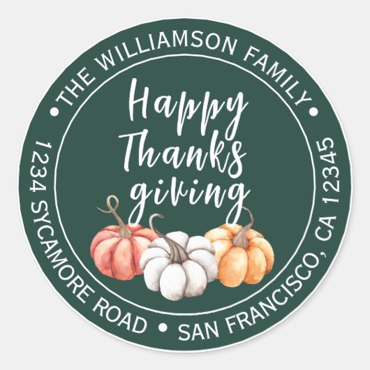 Thanksgiving familienaam retouradres groen ronde sticker (Voorkant)