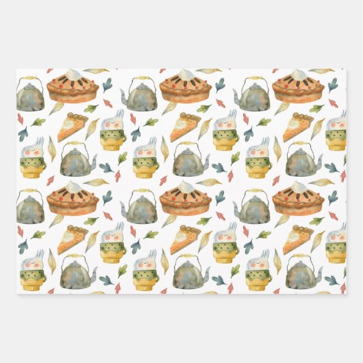 Thanksgiving Feest Herfst Waterverf Turkije Pompoe Inpakpapier Vel (Voorkant 3)