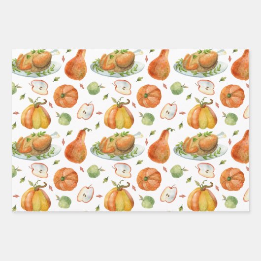 Thanksgiving Feest Herfst Waterverf Turkije Pompoe Inpakpapier Vel (Voorkant)