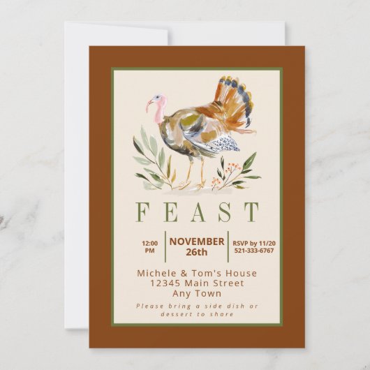 Thanksgiving Feest Waterverf Turkije Foliage Kaart (Voorkant)