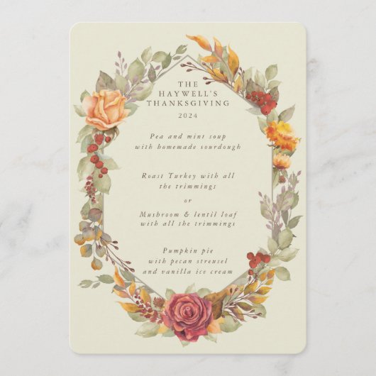 Thanksgiving Floral Lijst 3 cursus Menu (Voorkant)