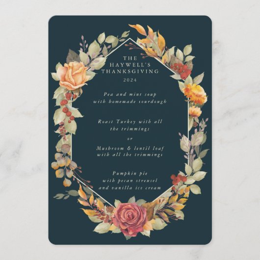 Thanksgiving Floral Lijst 3 cursus Menu (Voorkant)