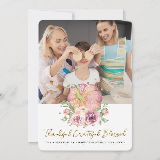 Thanksgiving foto roze pompoen feestdagenkaart (Voorkant)