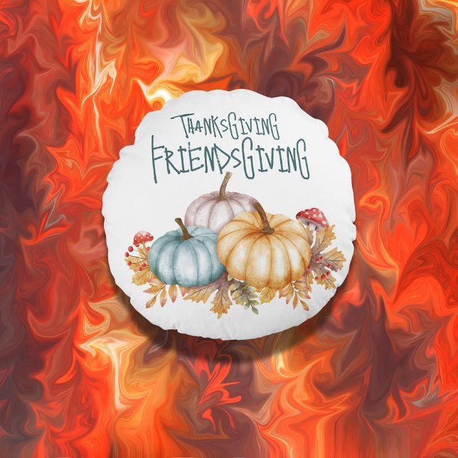 Thanksgiving Friendsgiving Kleurrijk op Wit | Rond Kussen (Creator heeft geüpload)
