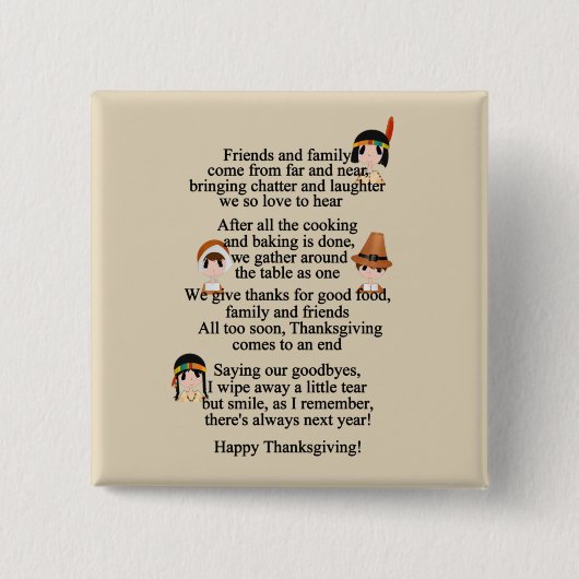 Thanksgiving gedicht Holiday Indians Pilgrims Vierkante Button 5,1 Cm (Voorkant)