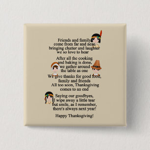 Thanksgiving gedicht Holiday Indians Pilgrims Vierkante Button 5,1 Cm