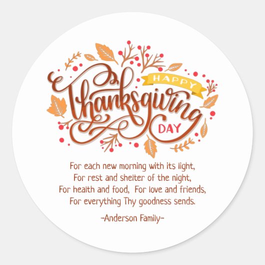 Thanksgiving gedicht land najaar roulerend afvalwa ronde sticker (Voorkant)