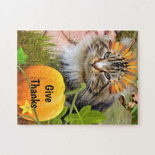 Thanksgiving "Geef Bedankt" Cute Cat en Pumpkin Legpuzzel (Horizontaal)