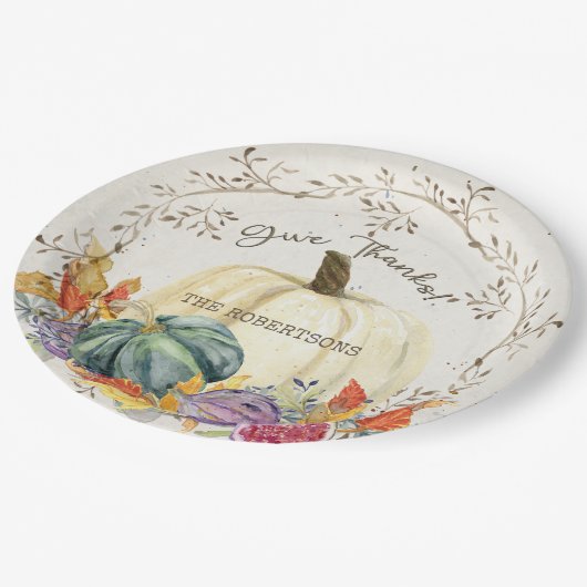 Thanksgiving Geef Bedankt Pompoen Oogstbladeren Papieren Bordje (Gekanteld)