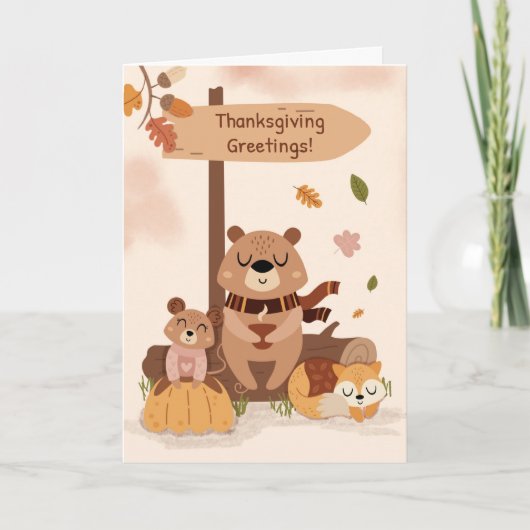 Thanksgiving Gezellige Woodland Animal Scene Pompo Kaart (Voorkant)