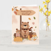 Thanksgiving Gezellige Woodland Animal Scene Pompo Kaart (Gele Bloem)
