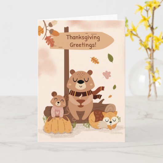 Thanksgiving Gezellige Woodland Animal Scene Pompo Kaart (Gele Bloem)