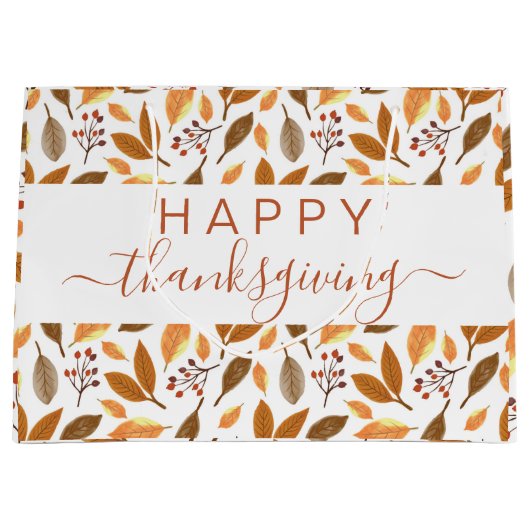 Thanksgiving Gift Bag – Grateful with Fall Leaves Groot Cadeauzakje (Voorkant)
