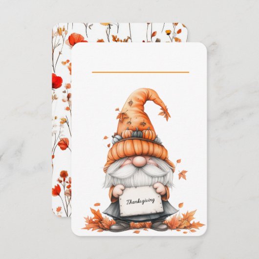 Thanksgiving Gnome Place Card with Floral Back (Voorkant / Achterkant)