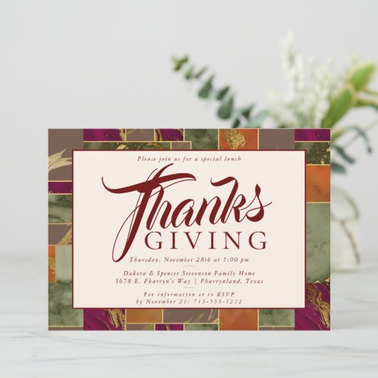 Thanksgiving Gold Burgundy Marble Dinner Kaart (Staand voorkant)