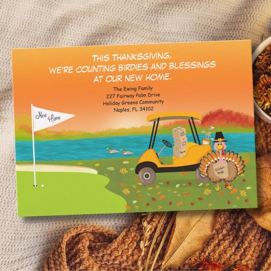 Thanksgiving-golfkar met verhuisdozen  feestdagenkaart
