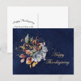 Thanksgiving grijze konijn blauw bedrijf feestdagenkaart