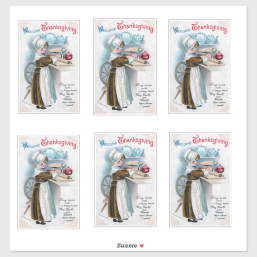 Thanksgiving Groet met Pilgrim Girl Ba Sticker (Vel)