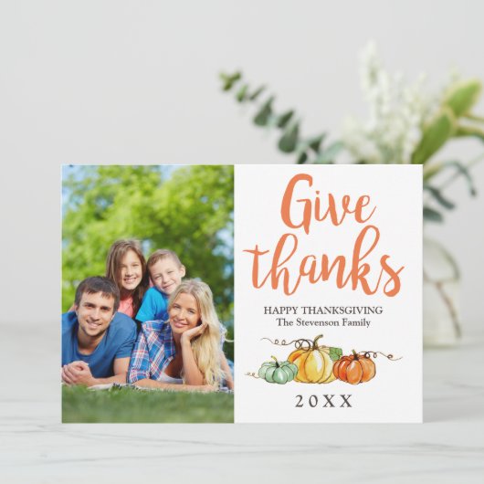 Thanksgiving Groetjes Photo Card Pumpkins Feestdagenkaart (Staand voorkant)