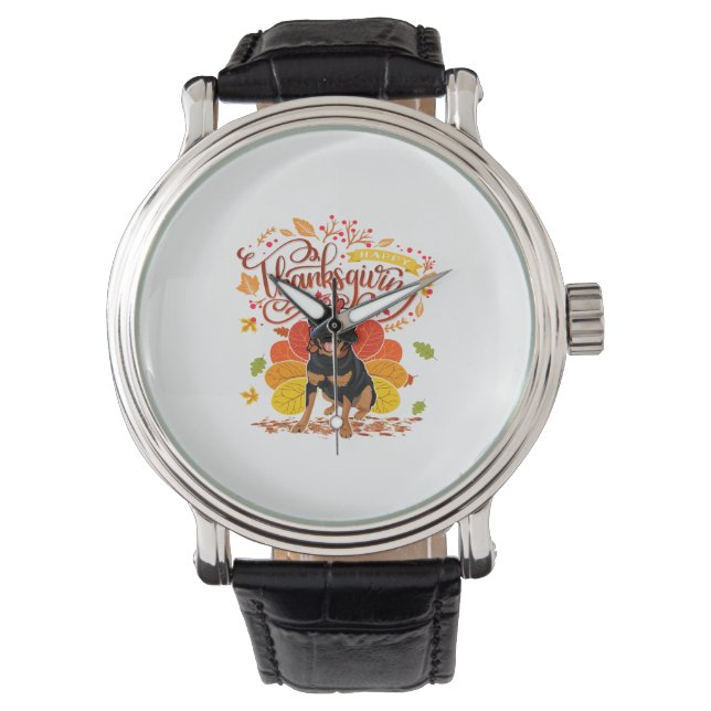 Thanksgiving Herfst Funny Rottweiler Dog Owne Horloge (Voorkant)