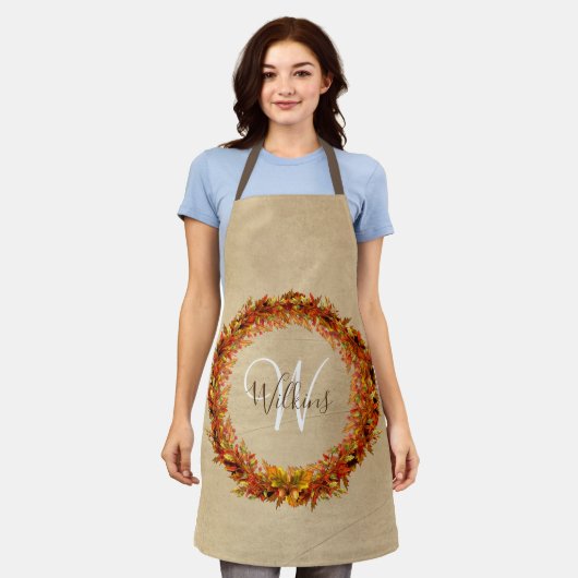 Thanksgiving Herfst Herfst Krans Bladeren Monogram Schort (Gedragen)
