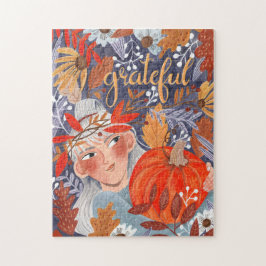 Thanksgiving herfst laat dankbaar meisje legpuzzel