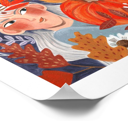 Thanksgiving herfst laat meisje sinaasappel poster (Hoek)