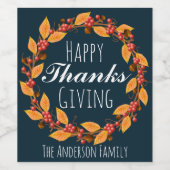 Thanksgiving Herfst najaar Wreath & familienaam Wijn Etiket (Enkel label)