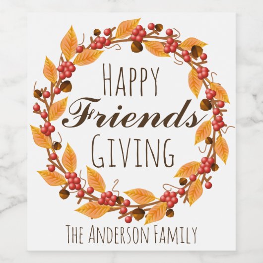 Thanksgiving Herfst najaar Wreath & familienaam Wijn Etiket (Enkel label)