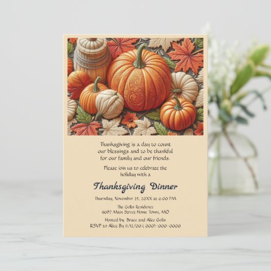 Thanksgiving Herfst Pompoenen  Eten Uitnodiging (Staand voorkant)