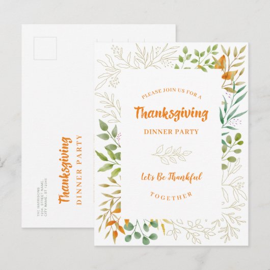 Thanksgiving herfst Waterverf oliage Line Art Uitnodiging Briefkaart (Voorkant / Achterkant)