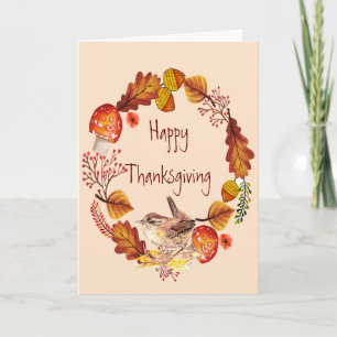 Thanksgiving herfst Wreath House Wren Bird Feestdagen Kaart