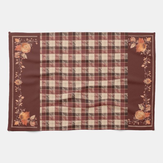 Thanksgiving herfstbladeren op Brown Plaid Theedoek (Horizontaal)