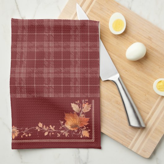 Thanksgiving herfstbladeren op Red Plaid Theedoek (Quarter Fold)