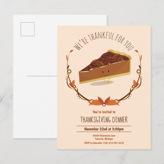 Thanksgiving Holiday glimlachend Pecan Pie Tan Bro Uitnodiging Briefkaart (Voorkant / Achterkant)