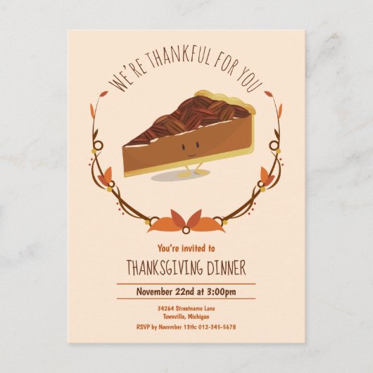Thanksgiving Holiday glimlachend Pecan Pie Tan Bro Uitnodiging Briefkaart (Voorkant)