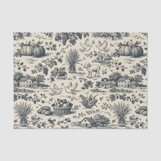 Thanksgiving Indigo Blauw Oogst Toile Tissuepapier (Voorkant)