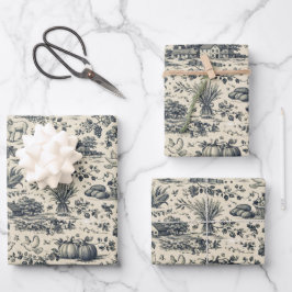 Thanksgiving Indigo Blue Harvest Toile Inpakpapier Vel