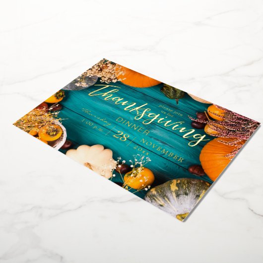 Thanksgiving-inwendige pompoen met blauw pompoen folie uitnodiging (Gedraaid)