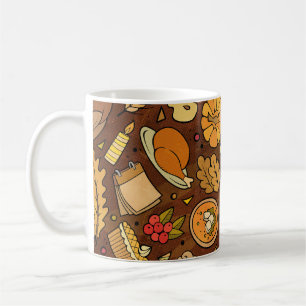 Thanksgiving items: cartoon kleurrijk patroon. koffiemok