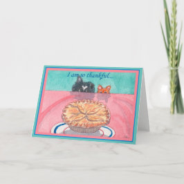 Thanksgiving kaart, hond & kat van plan een taart  feestdagen kaart