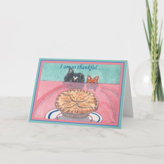 Thanksgiving kaart, hond & kat van plan een taart feestdagen kaart (Voorkant)