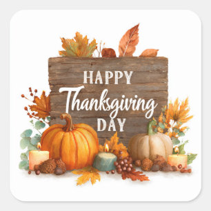Thanksgiving kaart met pompoenen, kaars en bladere vierkante sticker