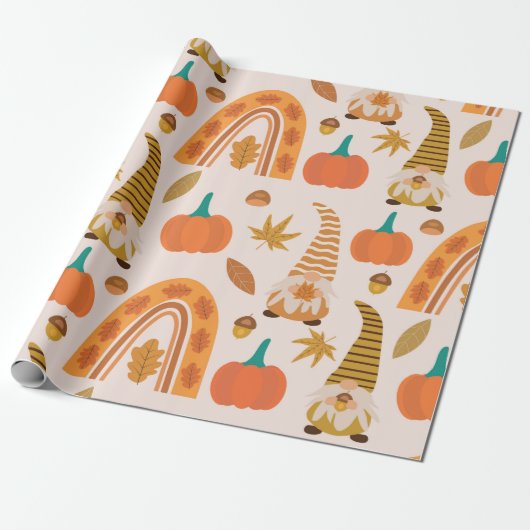 Thanksgiving kabouters met regenboog en herfstblad cadeaupapier (Uitgerold)