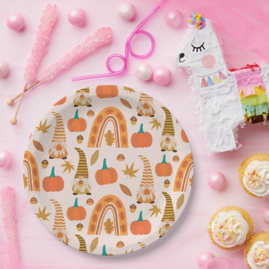 Thanksgiving kabouters met regenboog en herfstblad papieren bordje (Feest)